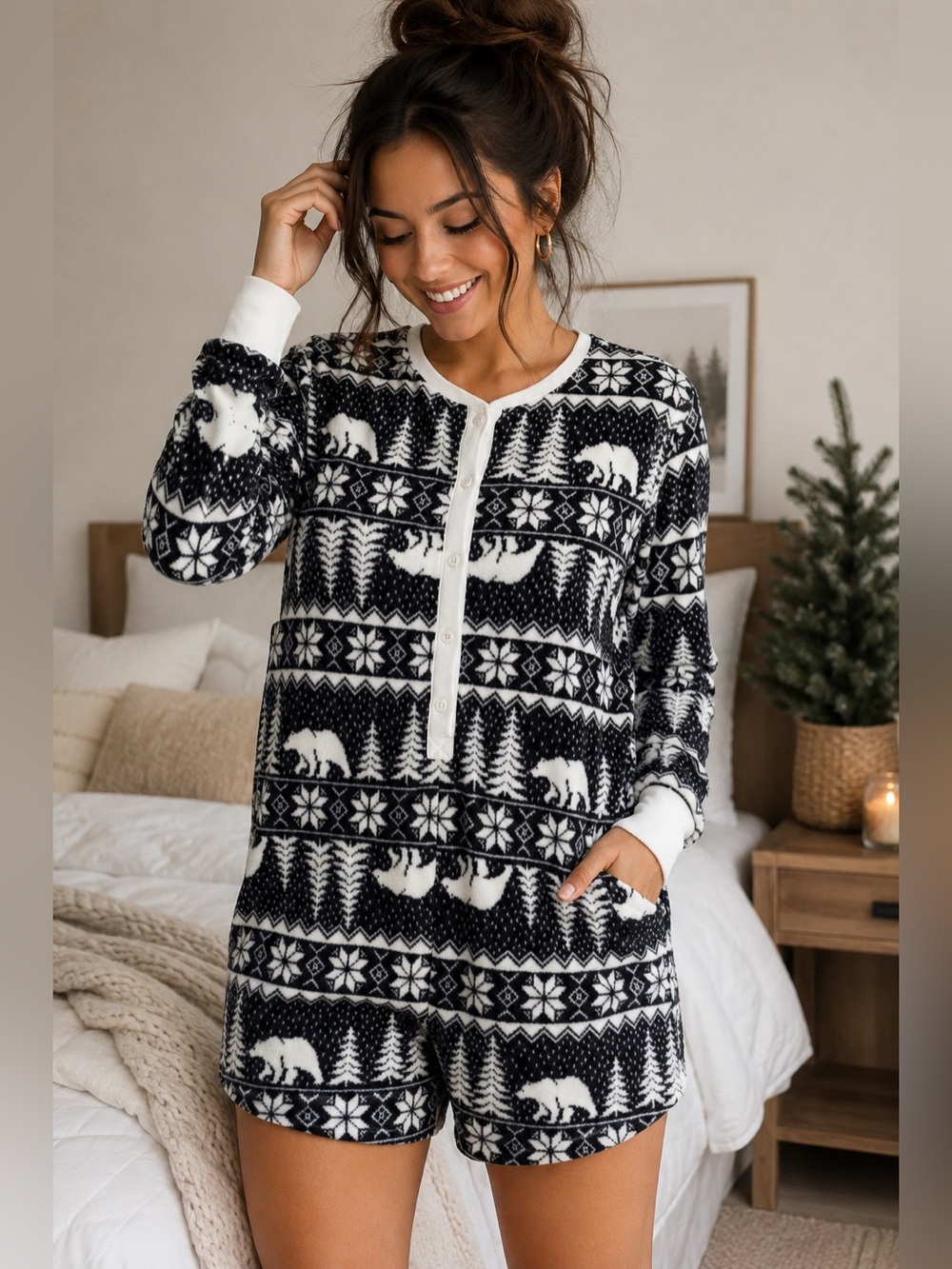 Old Navy Polar Bear Fair Isle Fleece Pajama Romper Women’s L